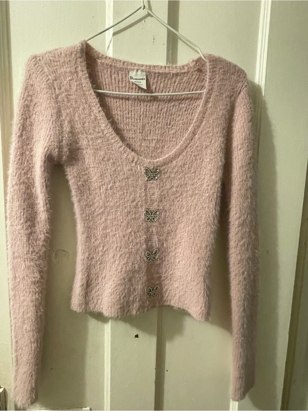 No Boundaries Light Pink Fuzzy Scoop Neck Cardigan with Decorative Buttons